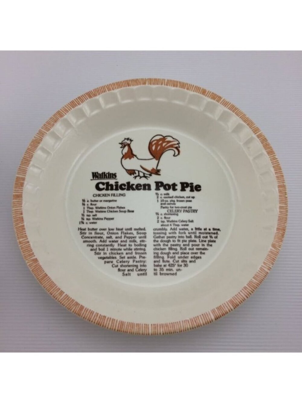 Vintage 80s Watkins Chicken Pot Pie Ceramic Dish Includes Recipe Rooster